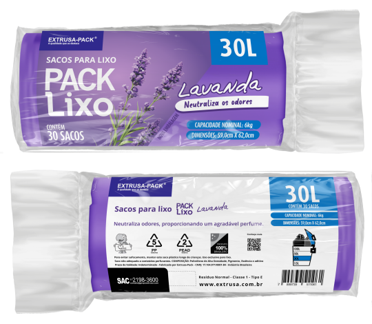 SACO DE LIXO LAVANDA 30 LITROS (59X62 CM) - FARDO COM 10 ROLOS (30 UND POR ROLO)
