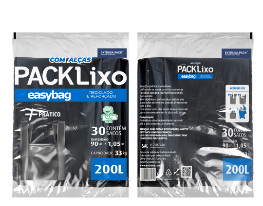 PACK LIXO EASY BAG COM ALçA REforçado reciclado 200 Litros Pacote com 30 UN
