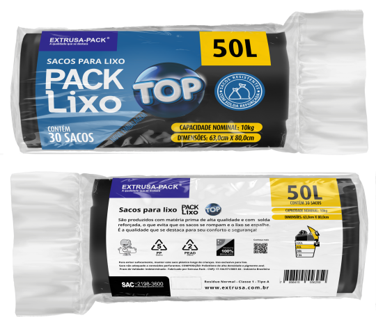 SACO DE LIXO TOP 50 LITROS PRETO (63X80 CM) - FARDO COM 10 ROLOS (30 UND POR ROLO)