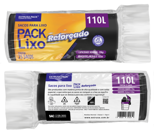 SACO DE LIXO REFORÇADO 110 LITROS PRETO (90X105 CM) - FARDO COM 6 ROLOS (25 UND POR ROLO)