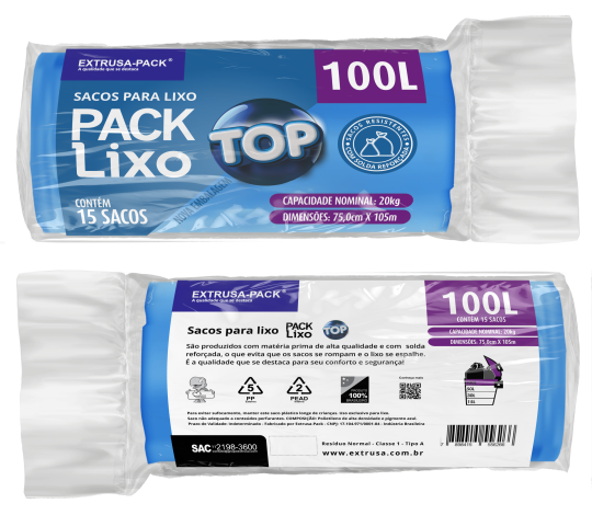 SACO DE LIXO TOP 100 LITROS AZUL (75X105 CM) - FARDO COM 10 ROLOS (15 UND POR ROLO)